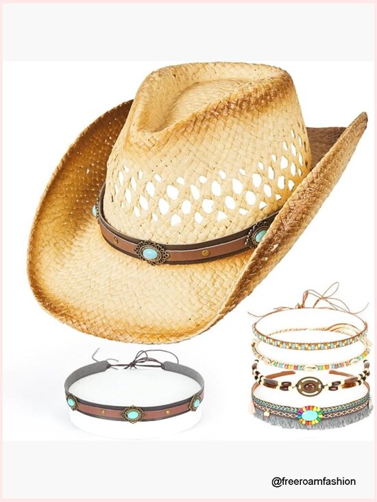 Straw Cowboy Hat with Detachable Bands, Adjustable Sun Hat for Women Men